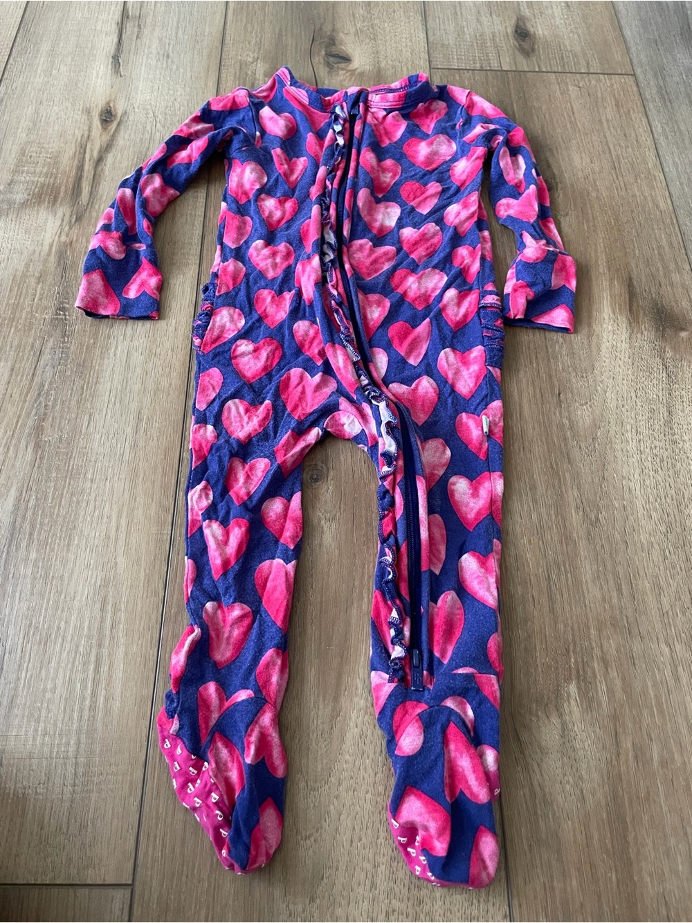 Posh Peanut Purple Footed One-Piece with Hot Pink Hearts